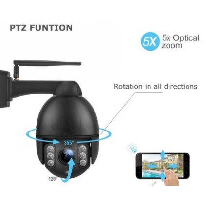 WiFi overvåkningskamera CamHi i svart utførelse. Et PTZ WiFi kamera med 10x optisk zoom. Mobilen styrer kamerabevegelsene.