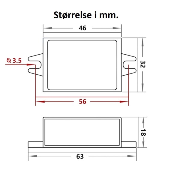 Spenningsregulator for Overvåkningskamera 12V. Mål i mm.