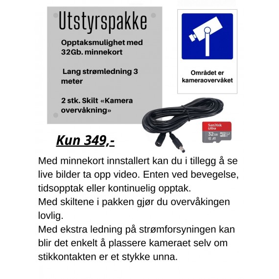 32 Gb. Utstyrspakke for CamHi 4G Kamera og CamHi WiFi overvåkningskameraer. Perfekt for kameraovervåkning utendørs.