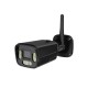 CamHi WiFi kamera 4K oppløsning. Sett fra høyere side forfra. Svart overvåkingskamera